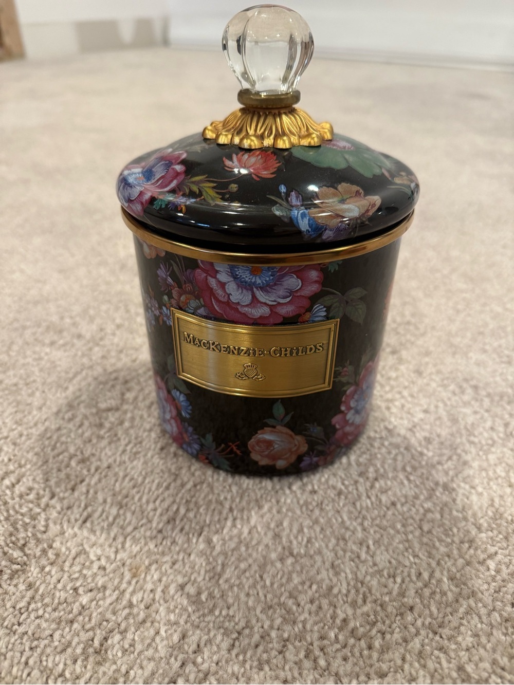 MacKenzie-Childs Black Floral Lidded Jar with Gold Trim